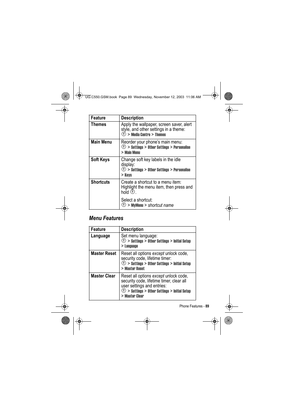 Menu features | Motorola C550 User Manual | Page 89 / 110