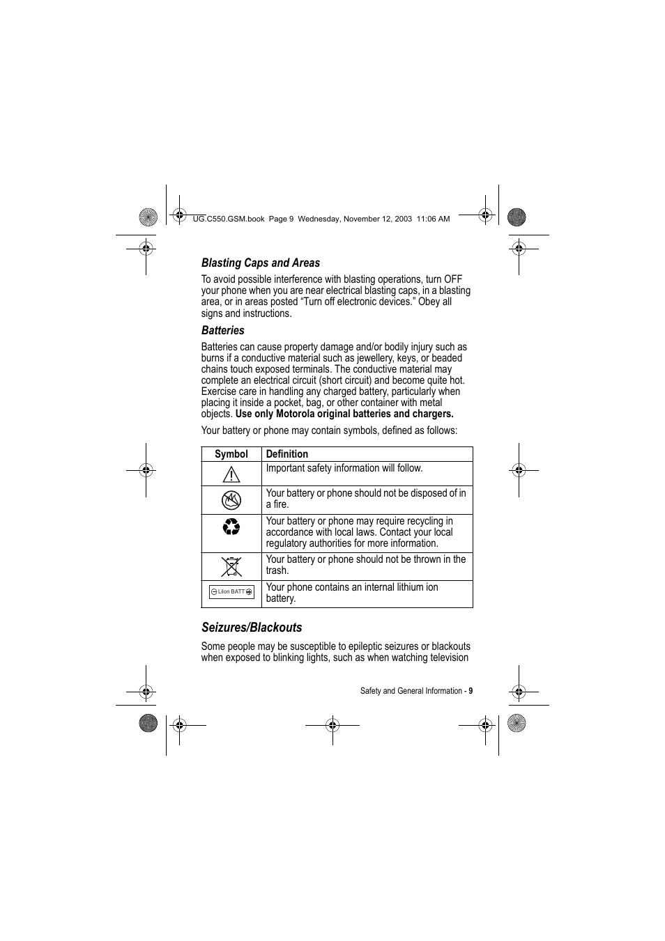 Seizures/blackouts | Motorola C550 User Manual | Page 9 / 110