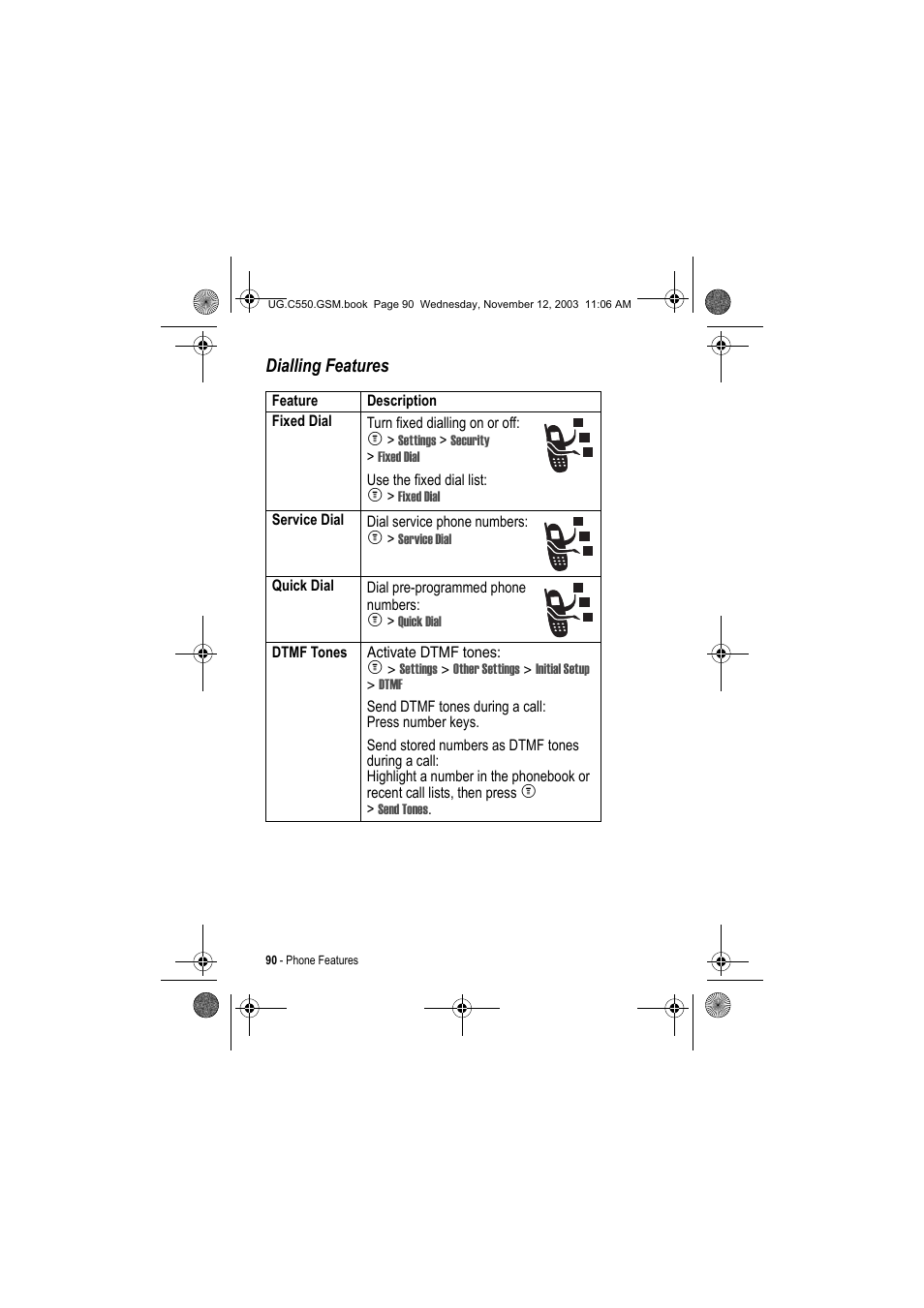 Dialling features | Motorola C550 User Manual | Page 90 / 110