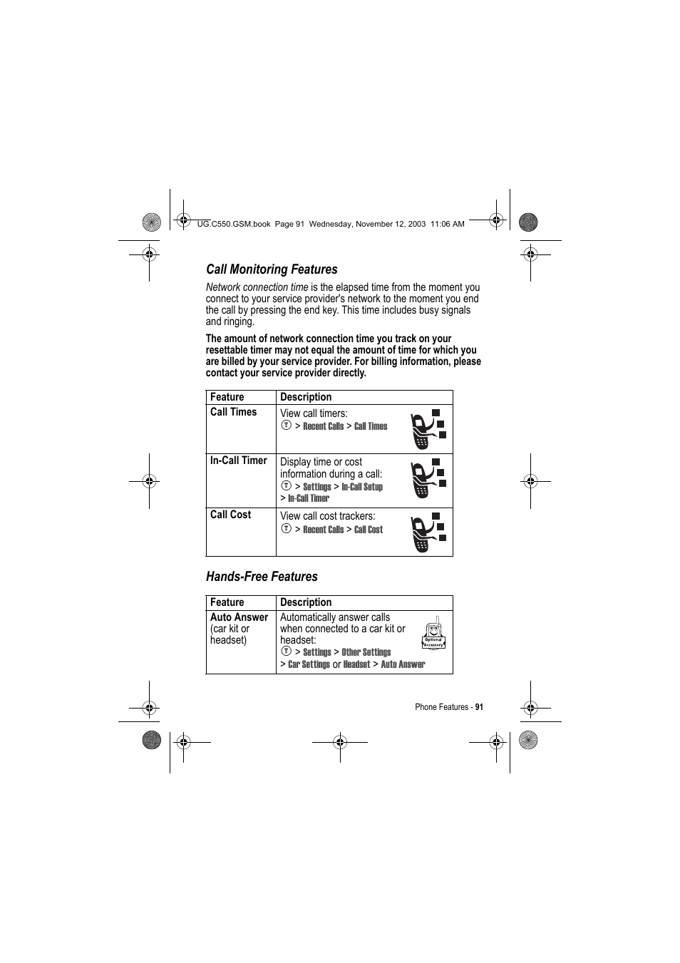 Call monitoring features, Hands-free features | Motorola C550 User Manual | Page 91 / 110