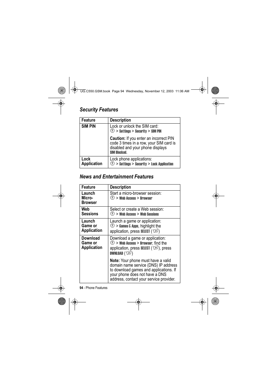 Security features news and entertainment features | Motorola C550 User Manual | Page 94 / 110