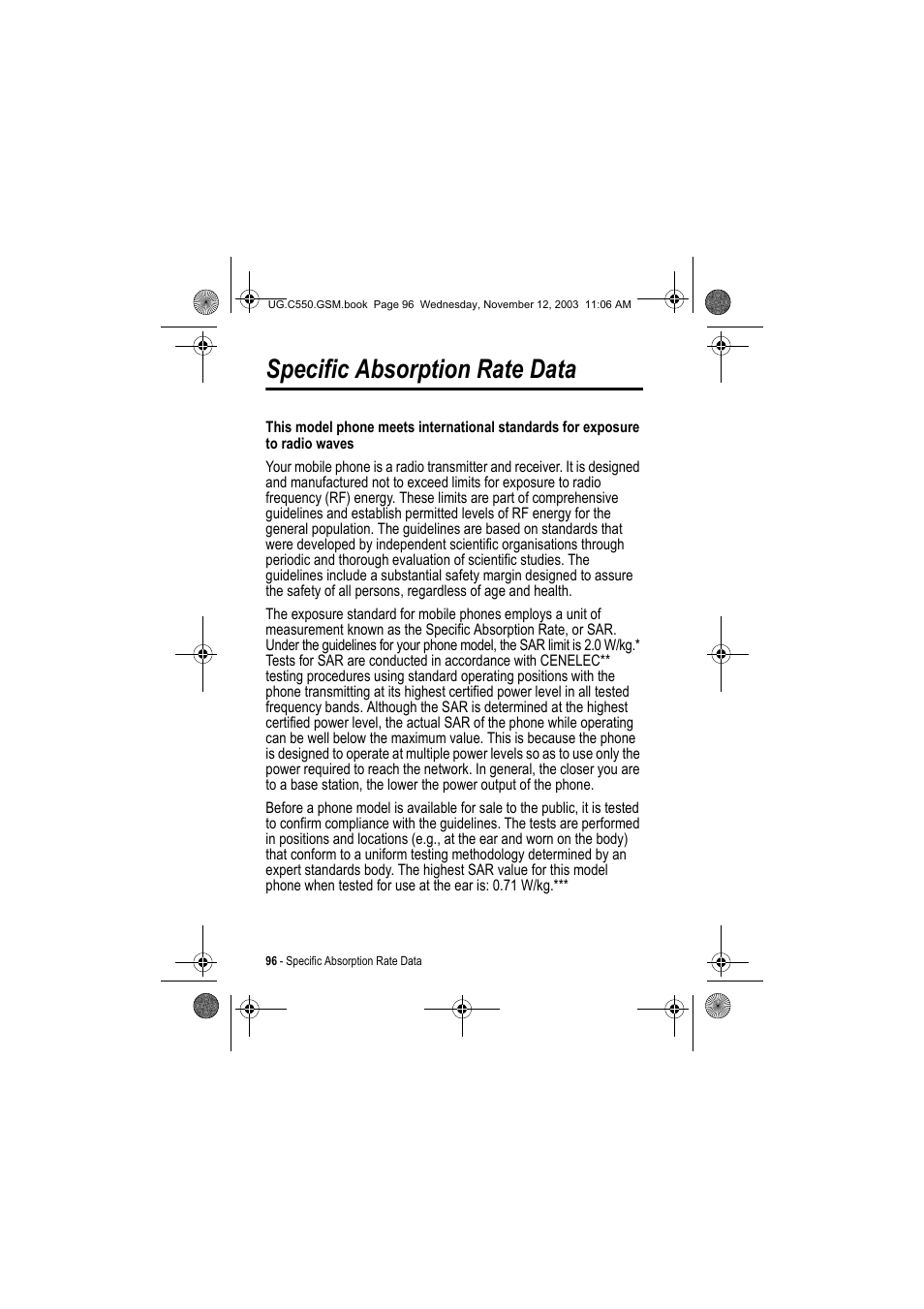 Specific absorption rate data | Motorola C550 User Manual | Page 96 / 110