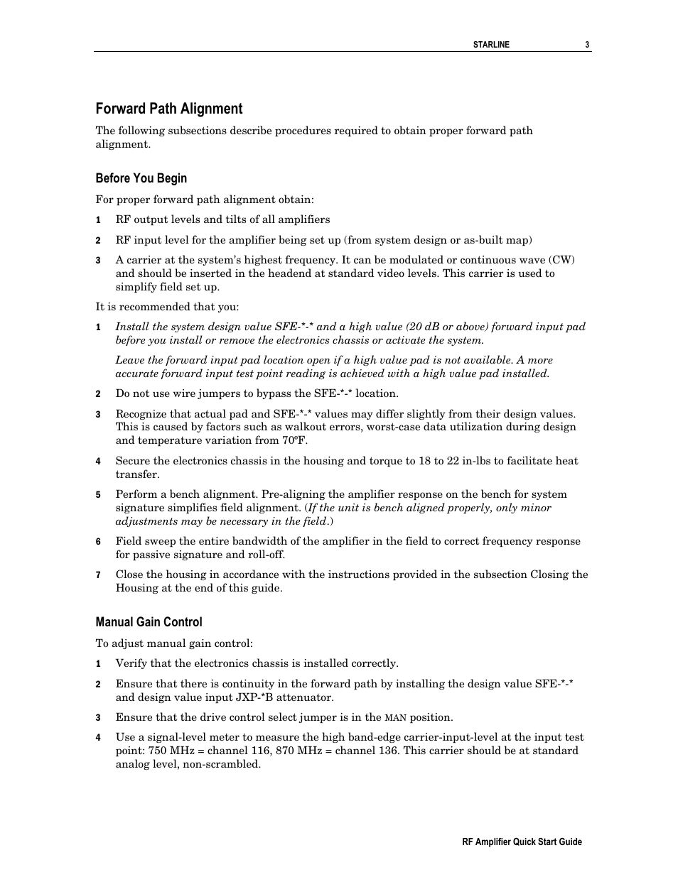 Forward path alignment, Before you begin, Manual gain control | Motorola RF Amplifier User Manual | Page 3 / 8