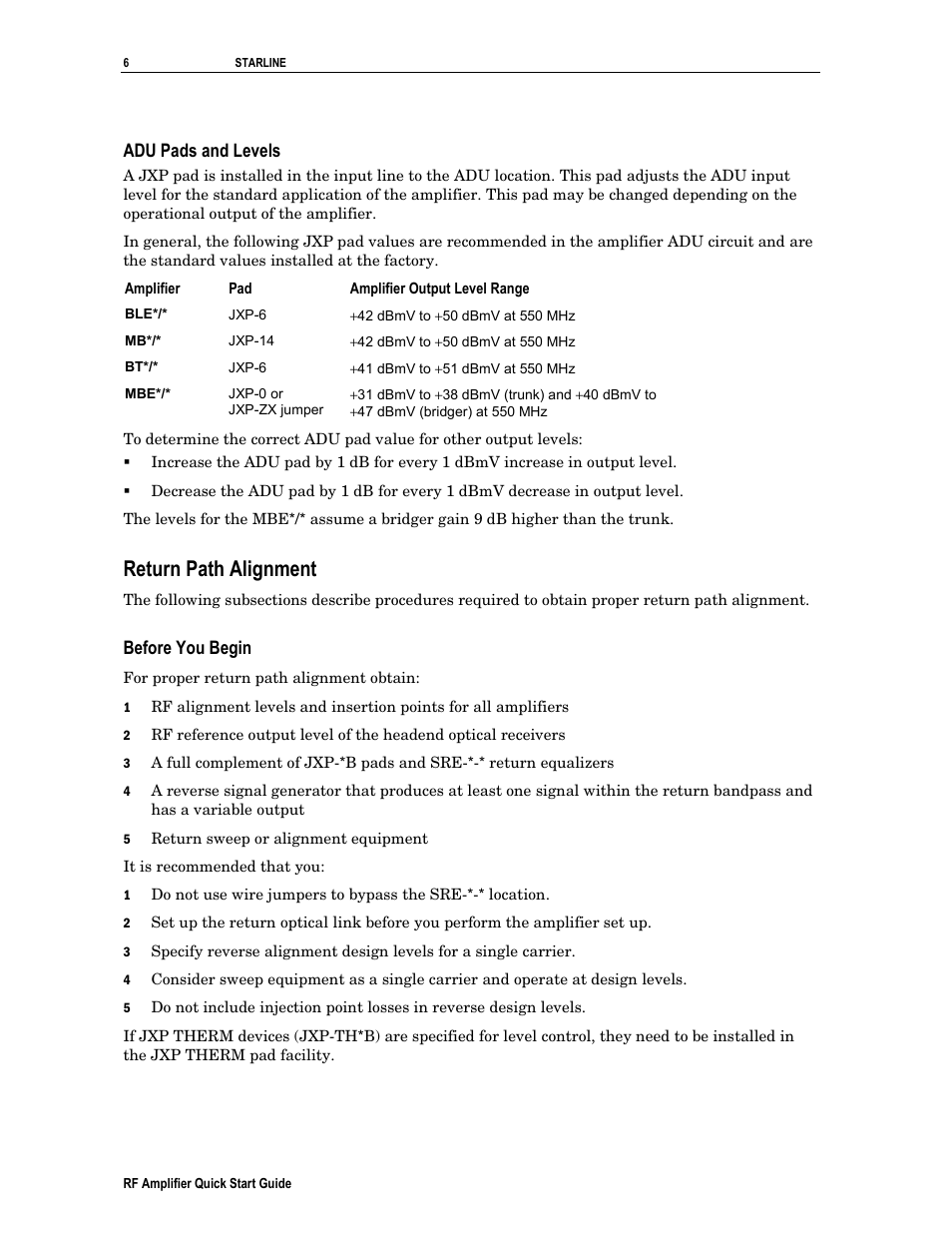 Adu pads and levels, Return path alignment, Before you begin | Motorola RF Amplifier User Manual | Page 6 / 8