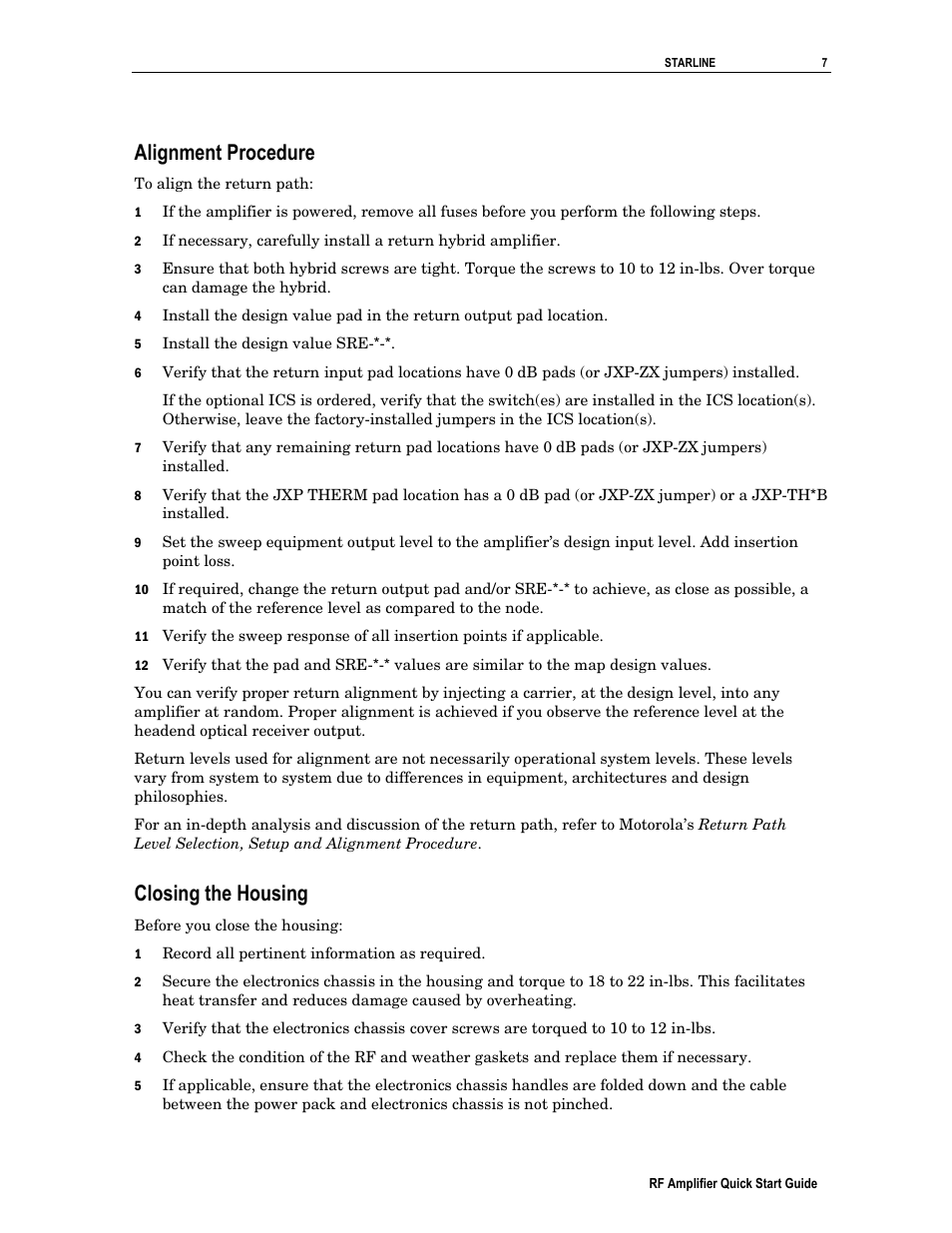 Alignment procedure, Closing the housing | Motorola RF Amplifier User Manual | Page 7 / 8