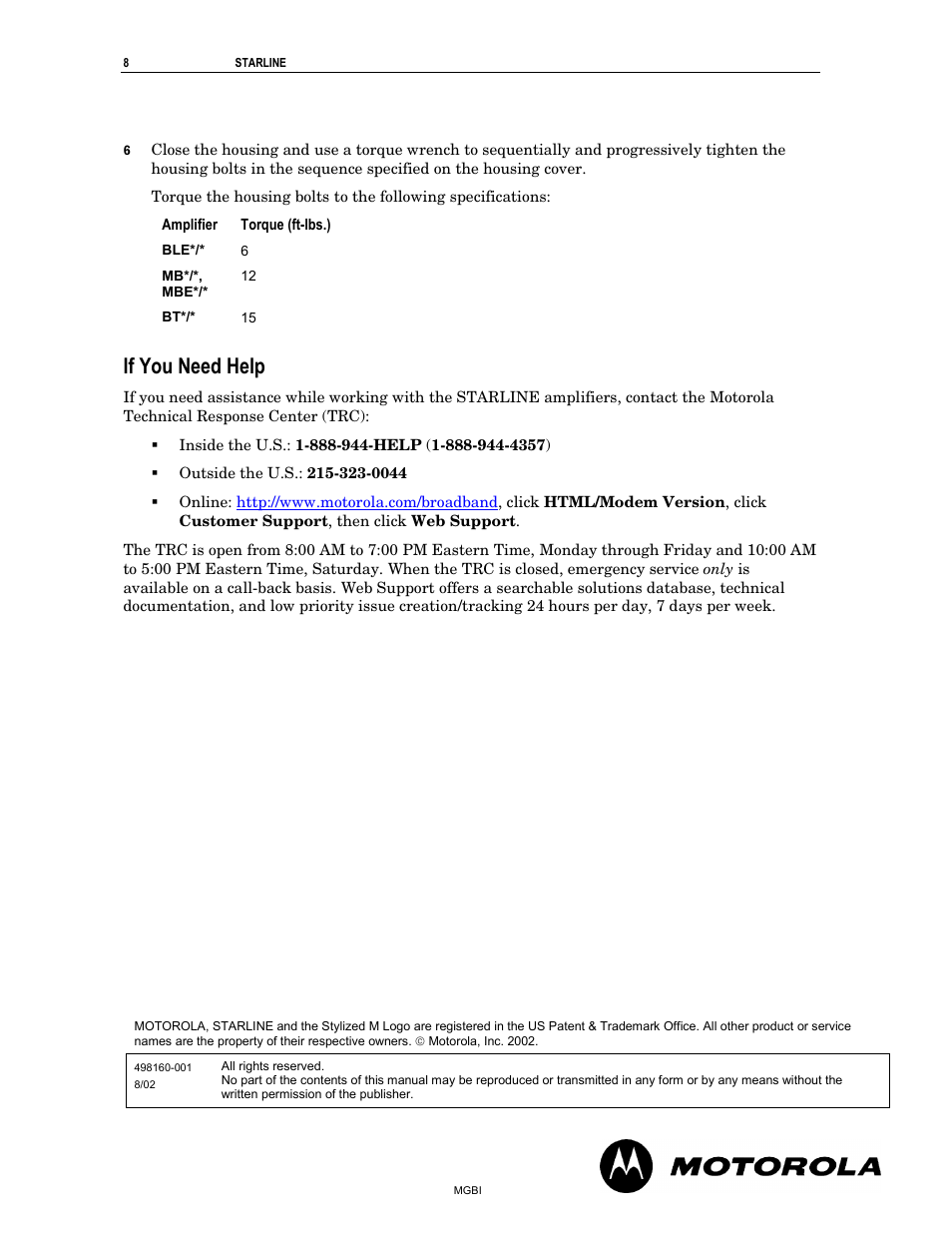 If you need help | Motorola RF Amplifier User Manual | Page 8 / 8