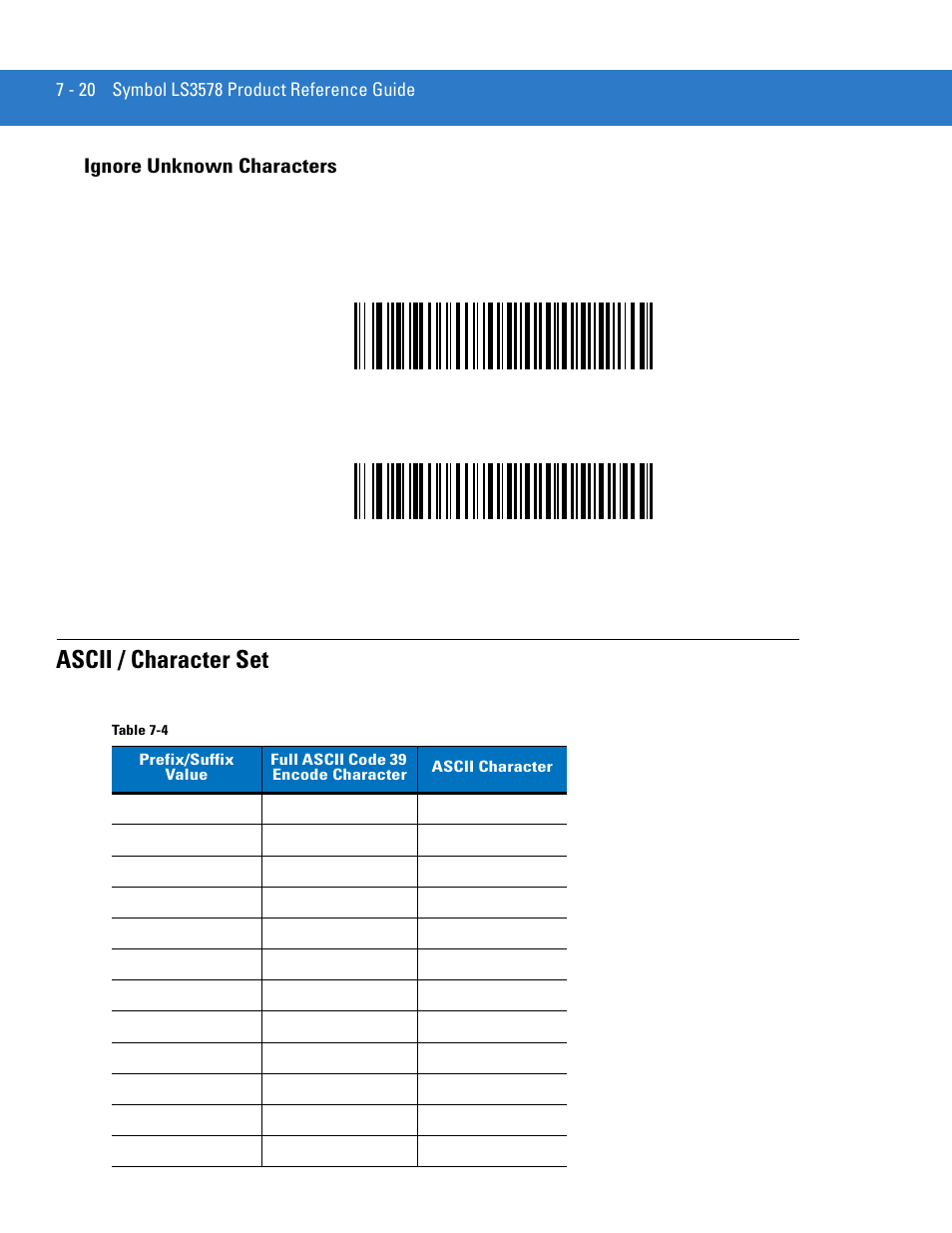 Ignore unknown characters, Ascii / character set, Ignore unknown characters -20 | Ascii / character set -20 | Motorola LS3578 User Manual | Page 138 / 378