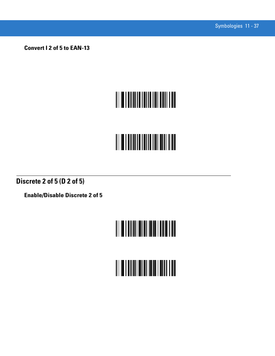 Convert i 2 of 5 to ean-13, Discrete 2 of 5 (d 2 of 5), Enable/disable discrete 2 of 5 | Convert i 2 of 5 to ean-13 -37, Discrete 2 of 5 (d 2 of 5) -37, Enable/disable discrete 2 of 5 -37 | Motorola LS3578 User Manual | Page 207 / 378