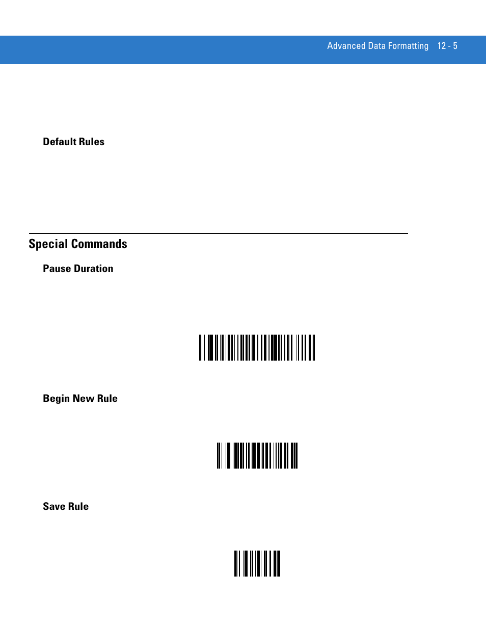 Default rules, Special commands, Pause duration | Begin new rule, Save rule, Default rules -5, Special commands -5, Pause duration -5, Begin new rule -5 save rule -5, Bar code on | Motorola LS3578 User Manual | Page 227 / 378