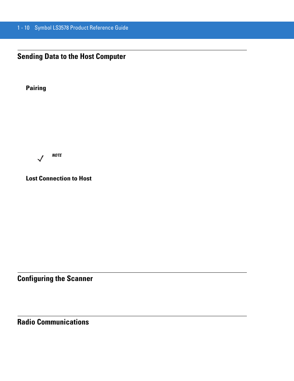 Sending data to the host computer, Pairing, Lost connection to host | Configuring the scanner, Radio communications, Sending data to the host computer -10, Pairing -10 lost connection to host -10 | Motorola LS3578 User Manual | Page 28 / 378