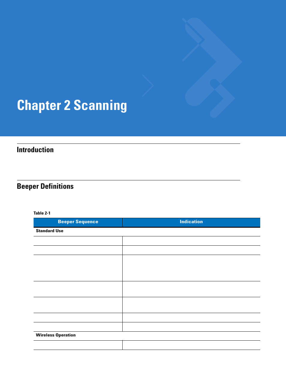 Scanning, Introduction, Beeper definitions | Chapter 2: scanning, Introduction -1 beeper definitions -1, Chapter 2, scanning, Chapter 2 scanning | Motorola LS3578 User Manual | Page 29 / 378