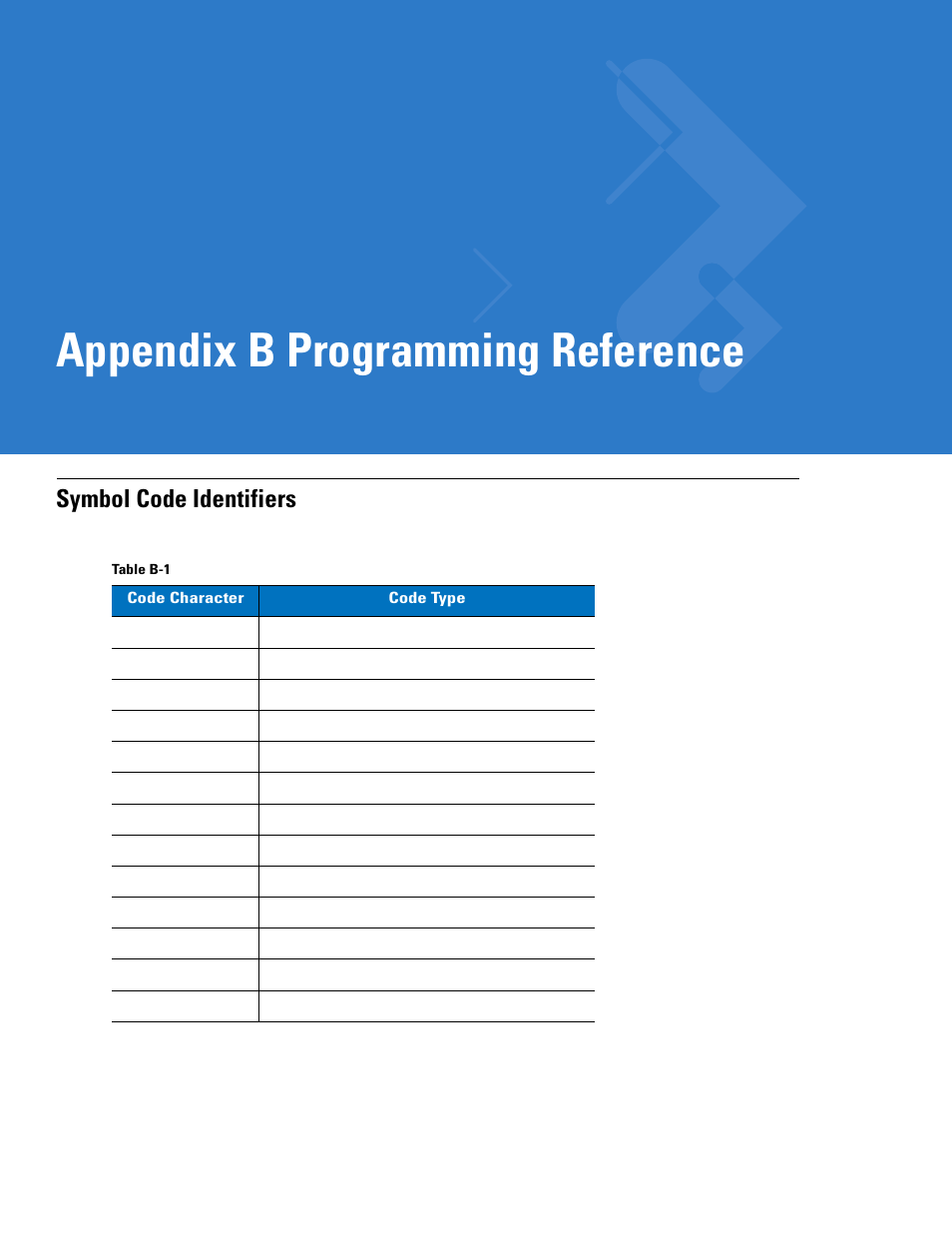 Programming reference, Symbol code identifiers, Appendix b: programming reference | Appendix b, programming reference, Appendix b programming reference | Motorola LS3578 User Manual | Page 331 / 378