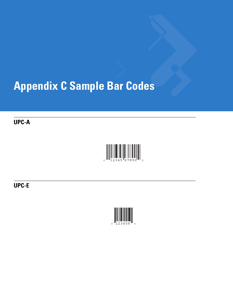 Sample bar codes, Upc-a, Upc-e | Appendix c: sample bar codes, Appendix c, sample bar codes, Appendix c sample bar codes, Upc-a upc-e | Motorola LS3578 User Manual | Page 335 / 378