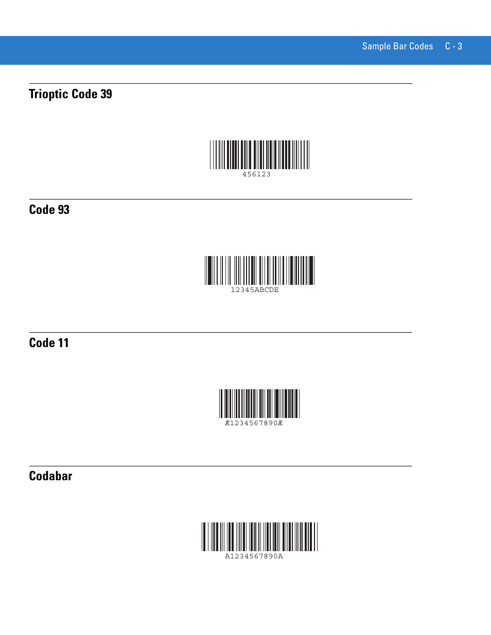 Trioptic code 39, Code 93, Code 11 | Codabar | Motorola LS3578 User Manual | Page 337 / 378