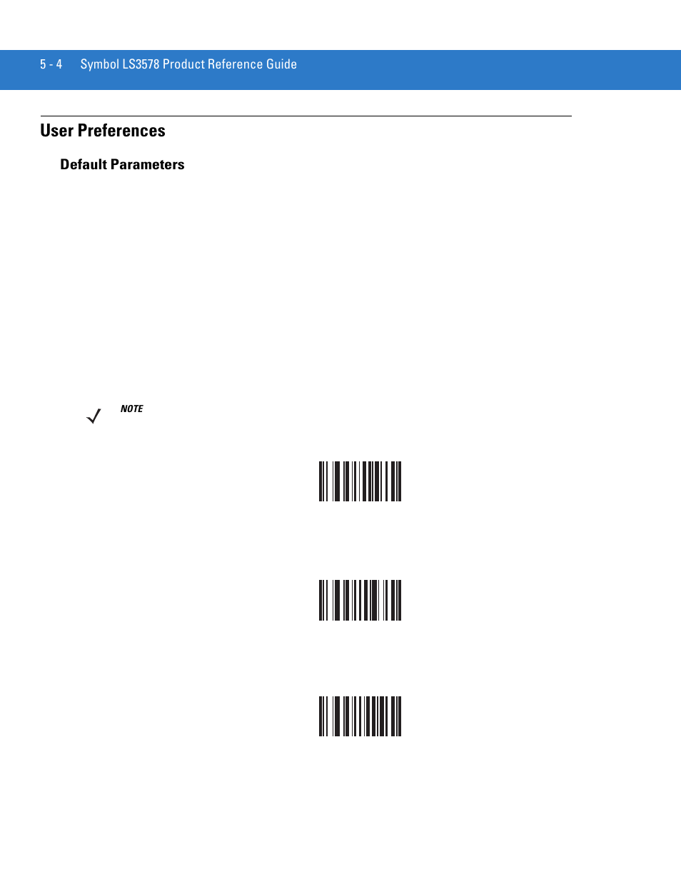 User preferences, Default parameters, User preferences -4 | Default parameters -4, Default parameters on, Bar code on | Motorola LS3578 User Manual | Page 78 / 378