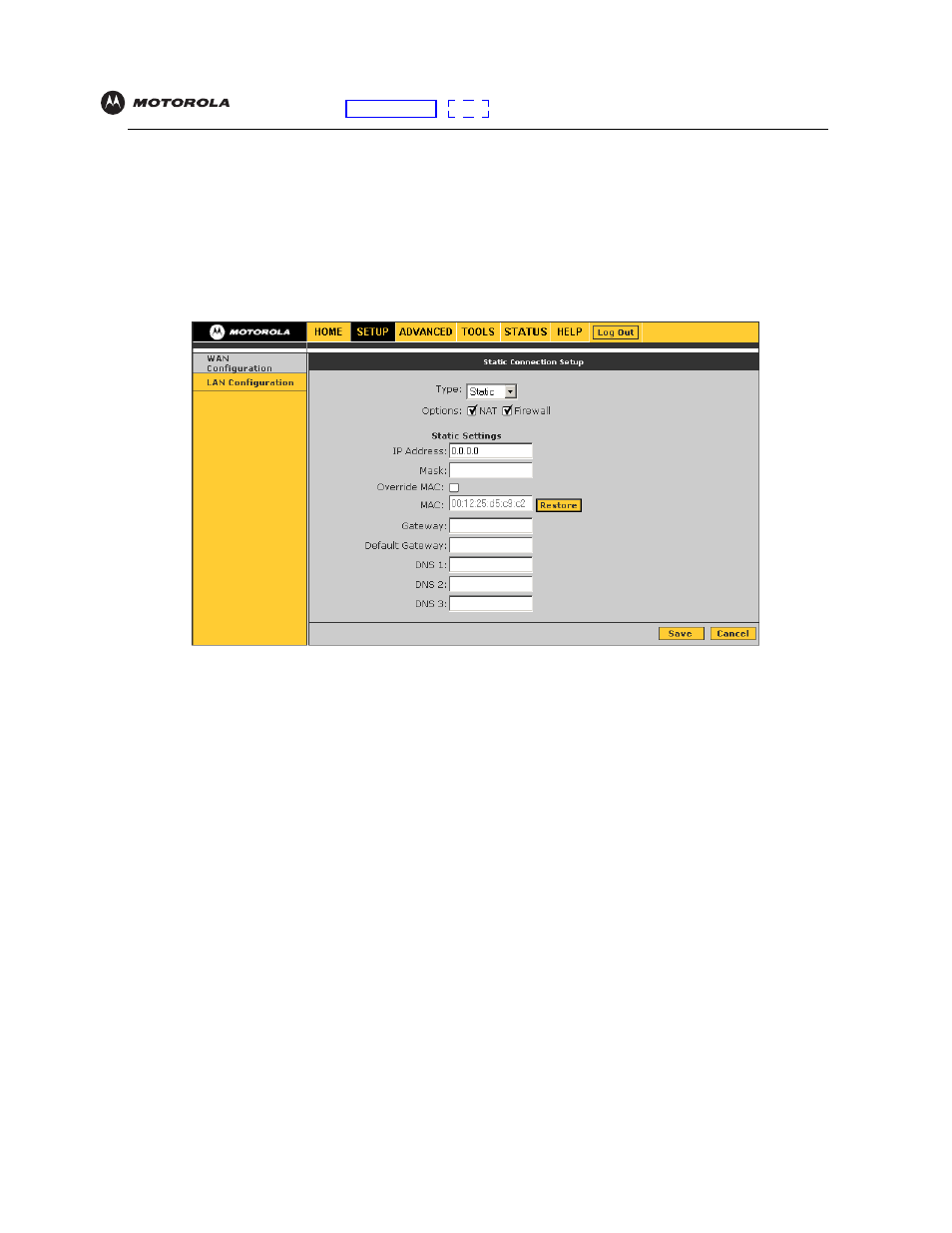 Wan setup for a static ip address (cable modem), Wan setup for a static ip address, Cable modem) | Motorola VT2442 User Manual | Page 24 / 81