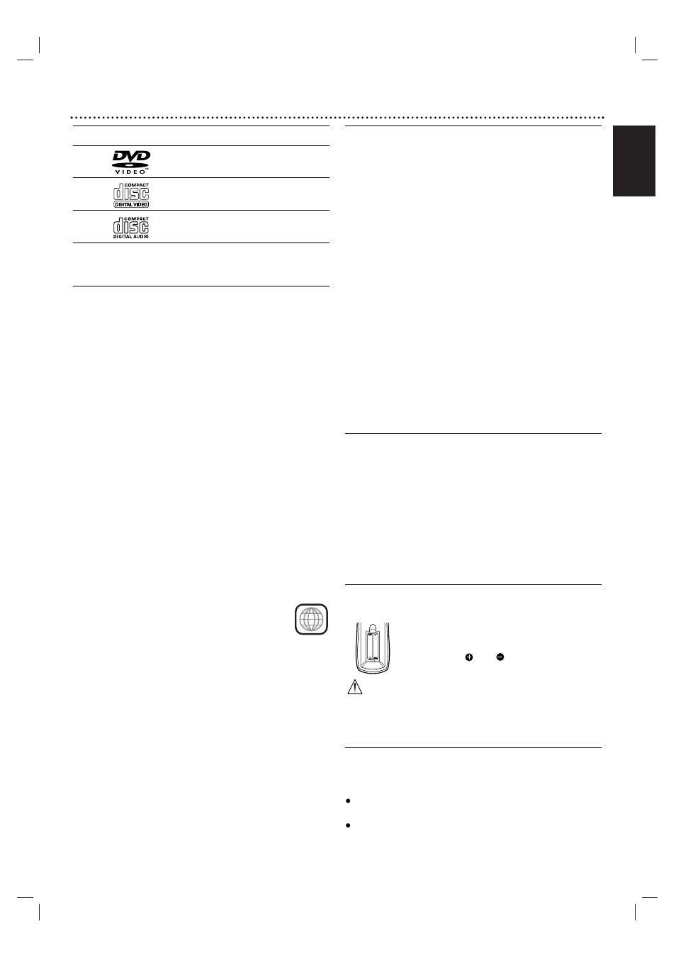 General information 5, English, Playable discs | Disc-related terms, Types of video cds, Remote control battery installation, Remote control operating range | Motorola MDV560VR User Manual | Page 5 / 80