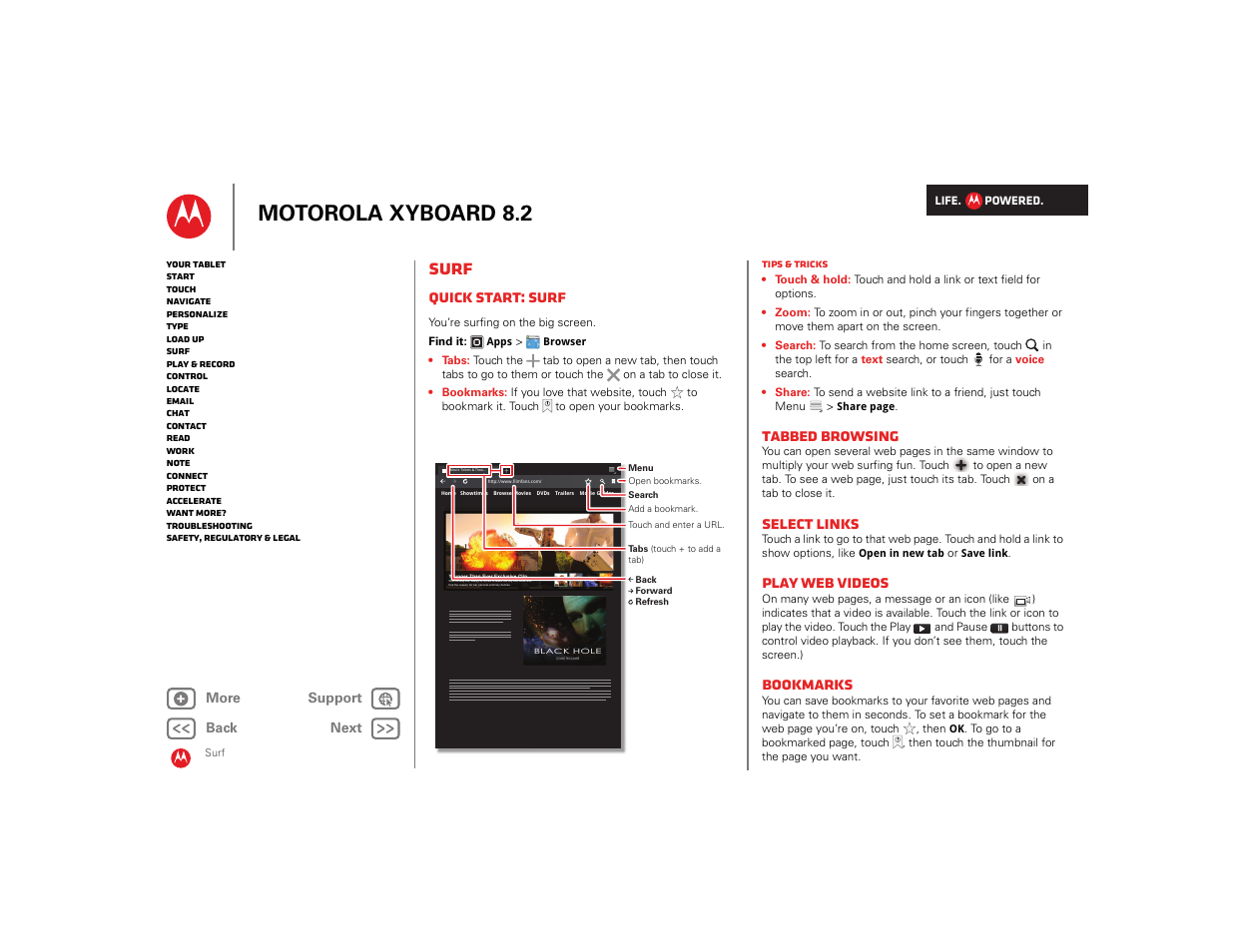 Surf, Quick start: surf, Tabbed browsing | Select links, Play web videos, Bookmarks, Next, Motorola xyboard 8.2 | Motorola XYBOARD 8.2 User Manual | Page 10 / 41