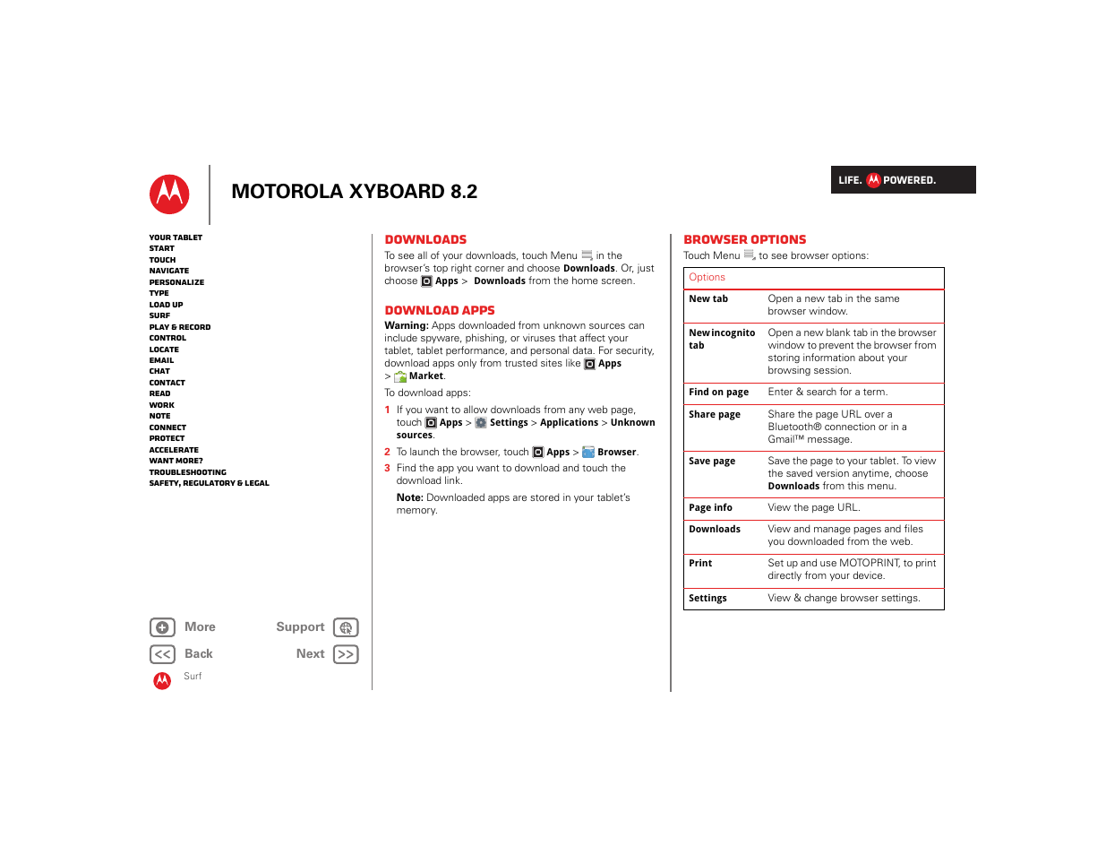 Downloads, Download apps, Browser options | Next, Motorola xyboard 8.2 | Motorola XYBOARD 8.2 User Manual | Page 11 / 41