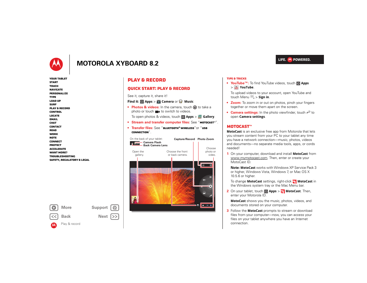 Play & record, Quick start: play & record, Motocast | Next, Motorola xyboard 8.2 | Motorola XYBOARD 8.2 User Manual | Page 12 / 41