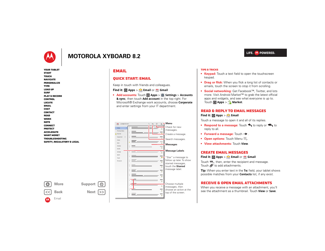 Email, Quick start: email, Read & reply to email messages | Create email messages, Receive & open email attachments, Email ”, an, Next, Motorola xyboard 8.2 | Motorola XYBOARD 8.2 User Manual | Page 17 / 41