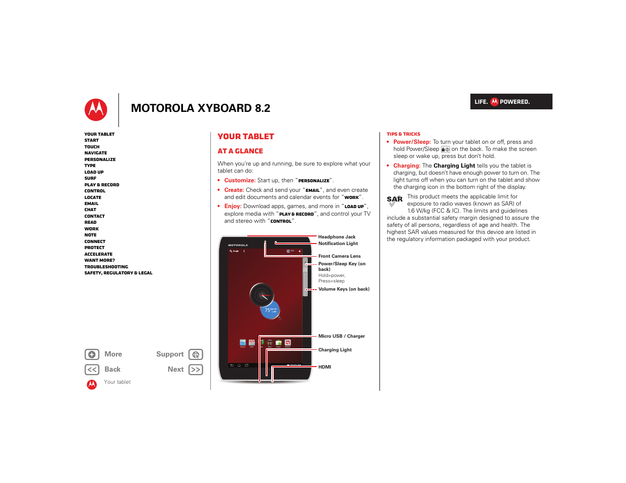 Your tablet, At a glance, Next | Motorola xyboard 8.2 | Motorola XYBOARD 8.2 User Manual | Page 2 / 41