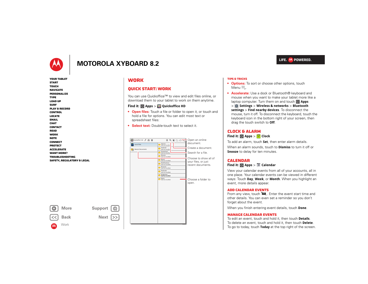 Work, Quick start: work, Clock & alarm | Calendar, R “ work, Next, Motorola xyboard 8.2 | Motorola XYBOARD 8.2 User Manual | Page 22 / 41