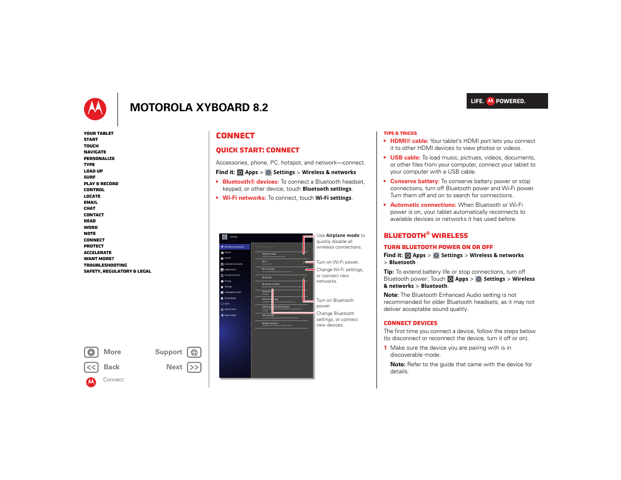 Connect, Quick start: connect, Bluetooth® wireless | Bluetooth® wireless ”o, Next, Motorola xyboard 8.2, Turn bluetooth power on or off, Connect devices | Motorola XYBOARD 8.2 User Manual | Page 25 / 41