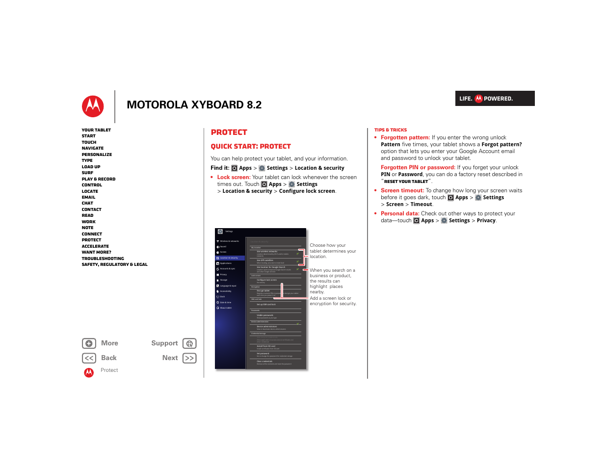 Protect, Quick start: protect, Next | Motorola xyboard 8.2 | Motorola XYBOARD 8.2 User Manual | Page 27 / 41