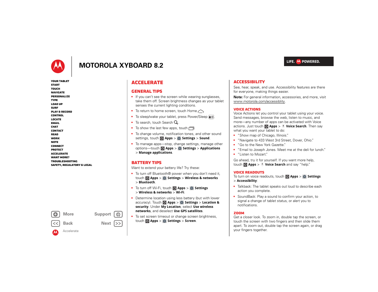 Accelerate, General tips, Battery tips | Accessibility, Next, Motorola xyboard 8.2 | Motorola XYBOARD 8.2 User Manual | Page 28 / 41