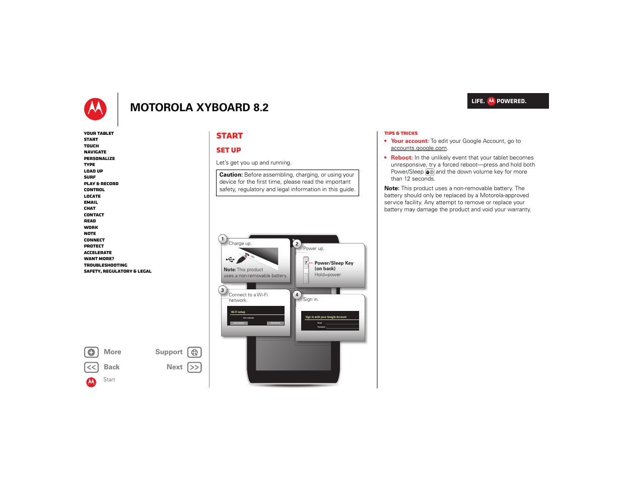 Start, Set up, Next | Motorola xyboard 8.2 | Motorola XYBOARD 8.2 User Manual | Page 3 / 41