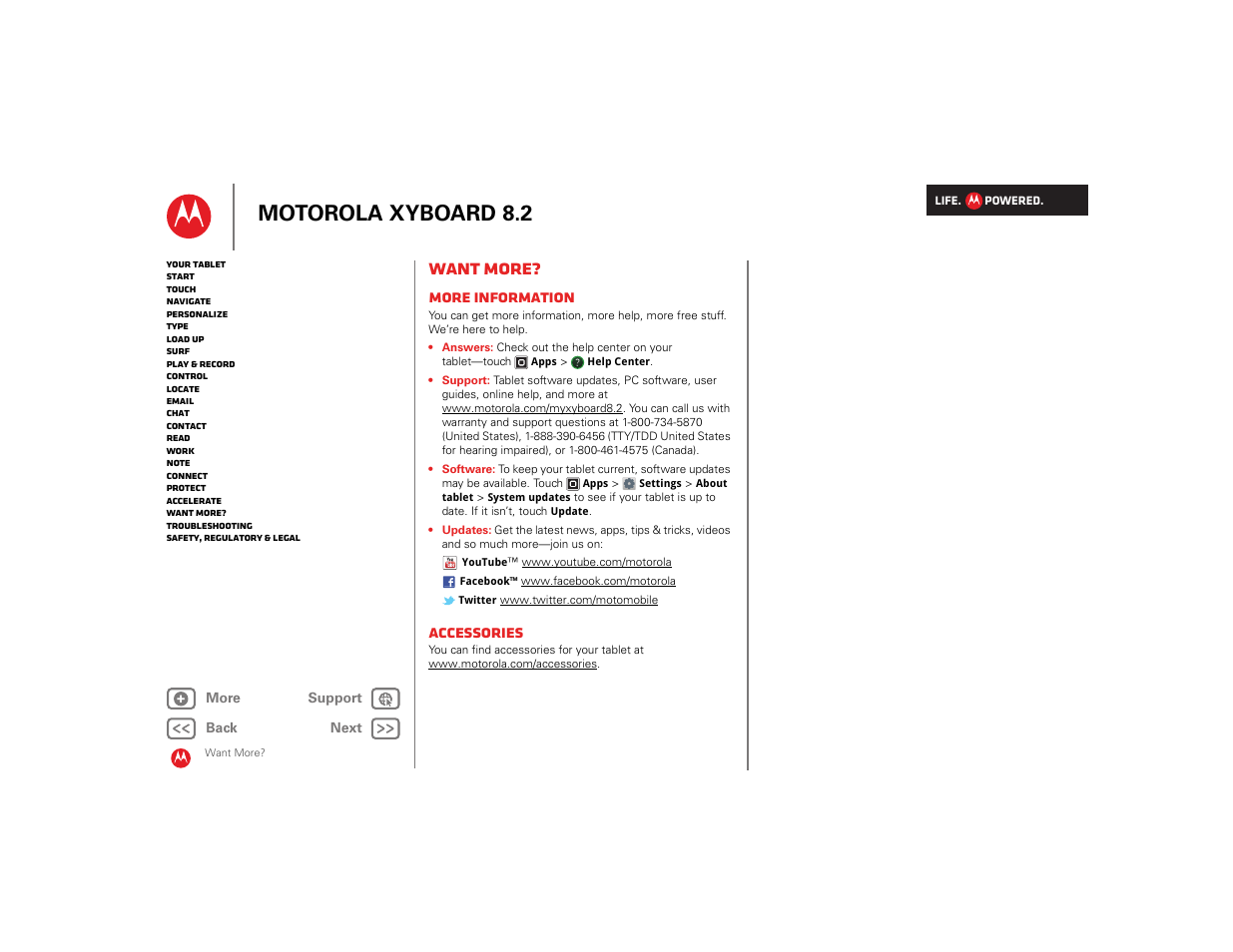 Want more, More information, Accessories | More, Next, Motorola xyboard 8.2 | Motorola XYBOARD 8.2 User Manual | Page 30 / 41