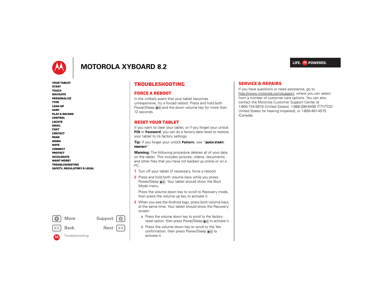 Troubleshooting, Force a reboot, Reset your tablet | Service & repairs, Next, Motorola xyboard 8.2 | Motorola XYBOARD 8.2 User Manual | Page 31 / 41