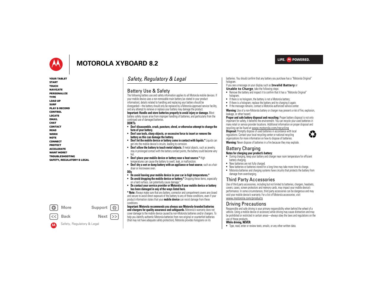 Safety, regulatory & legal, Battery use & safety, Battery charging | Third party accessories, Driving precautions, Next, Motorola xyboard 8.2 | Motorola XYBOARD 8.2 User Manual | Page 32 / 41