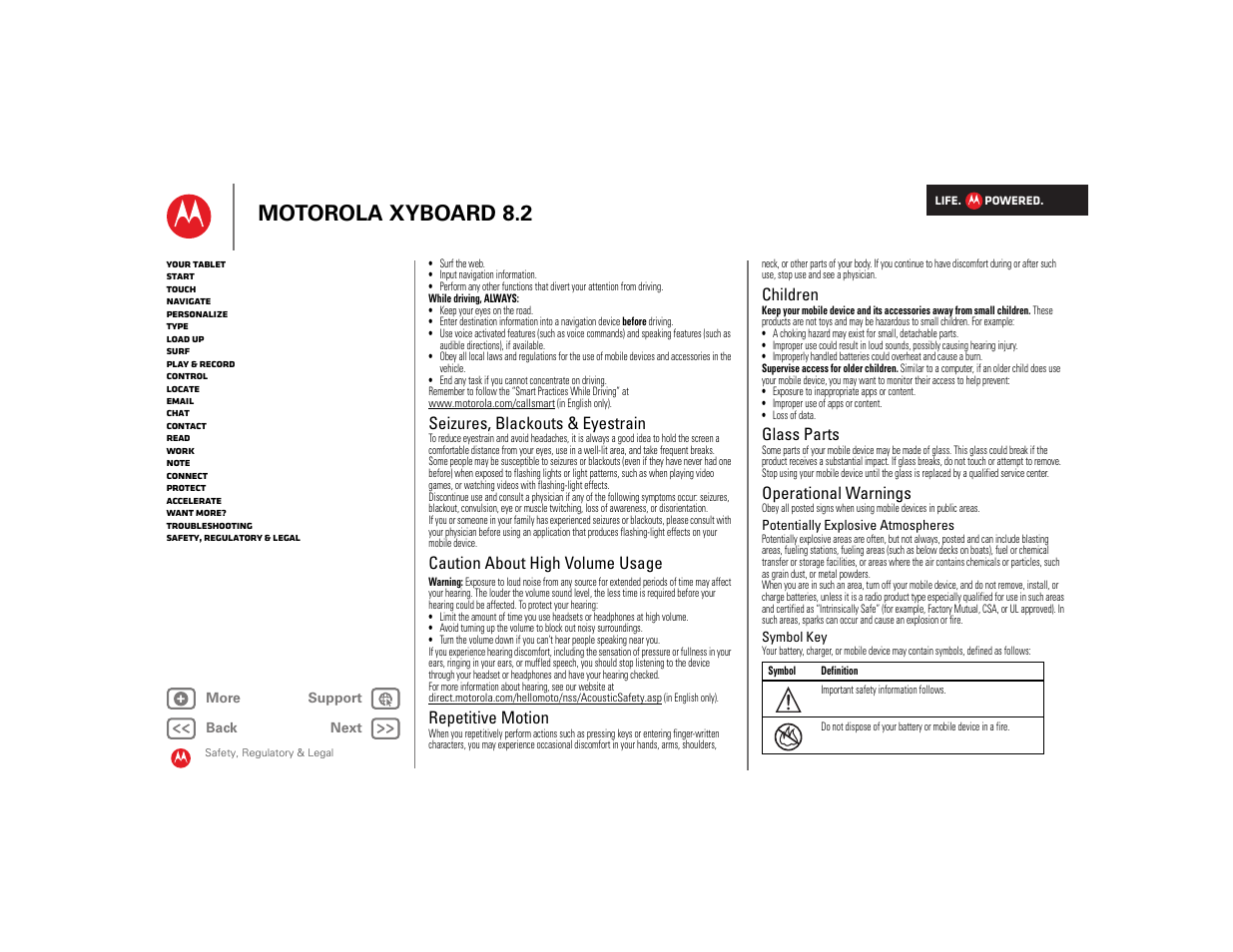 Seizures, blackouts & eyestrain, Caution about high volume usage, Repetitive motion | Children, Glass parts, Operational warnings, Next, Motorola xyboard 8.2 | Motorola XYBOARD 8.2 User Manual | Page 33 / 41