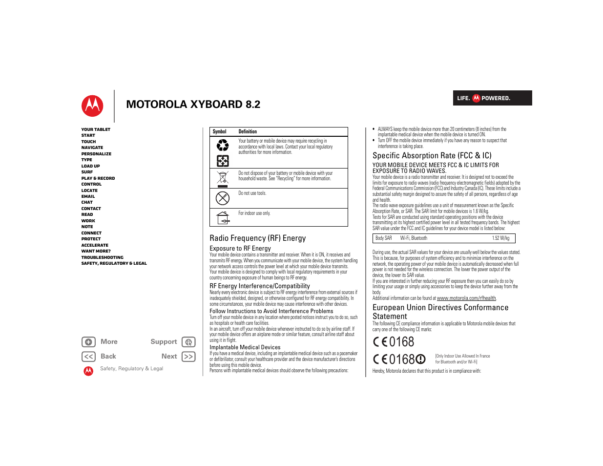 Radio frequency (rf) energy, Specific absorption rate (fcc & ic), European union directives conformance statement | Next, Motorola xyboard 8.2 | Motorola XYBOARD 8.2 User Manual | Page 34 / 41