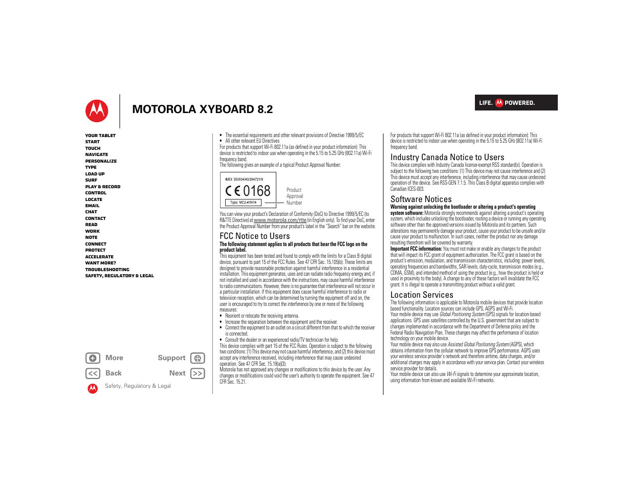 Fcc notice to users, Industry canada notice to users, Software notices | Location services, Next, Motorola xyboard 8.2 | Motorola XYBOARD 8.2 User Manual | Page 35 / 41