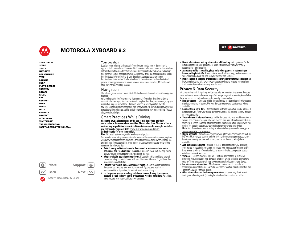 Navigation, Smart practices while driving, Privacy & data security | Next, Motorola xyboard 8.2 | Motorola XYBOARD 8.2 User Manual | Page 36 / 41