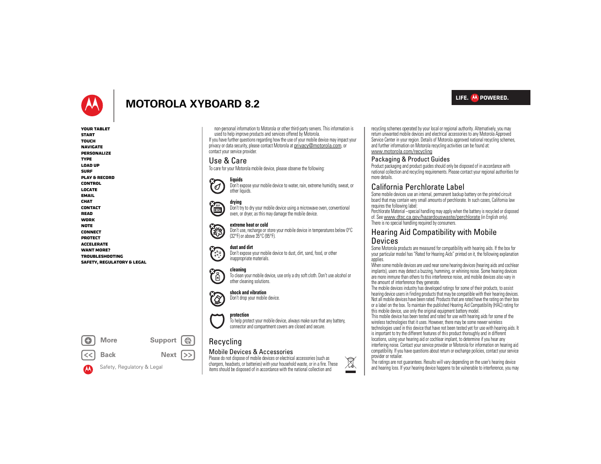 Use & care, Recycling, California perchlorate label | Hearing aid compatibility with mobile devices, Next, Motorola xyboard 8.2 | Motorola XYBOARD 8.2 User Manual | Page 37 / 41