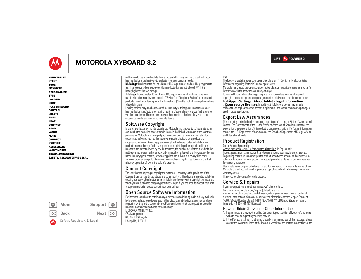 Software copyright, Content copyright, Open source software information | Export law assurances, Product registration, Service & repairs, Next, Motorola xyboard 8.2 | Motorola XYBOARD 8.2 User Manual | Page 38 / 41