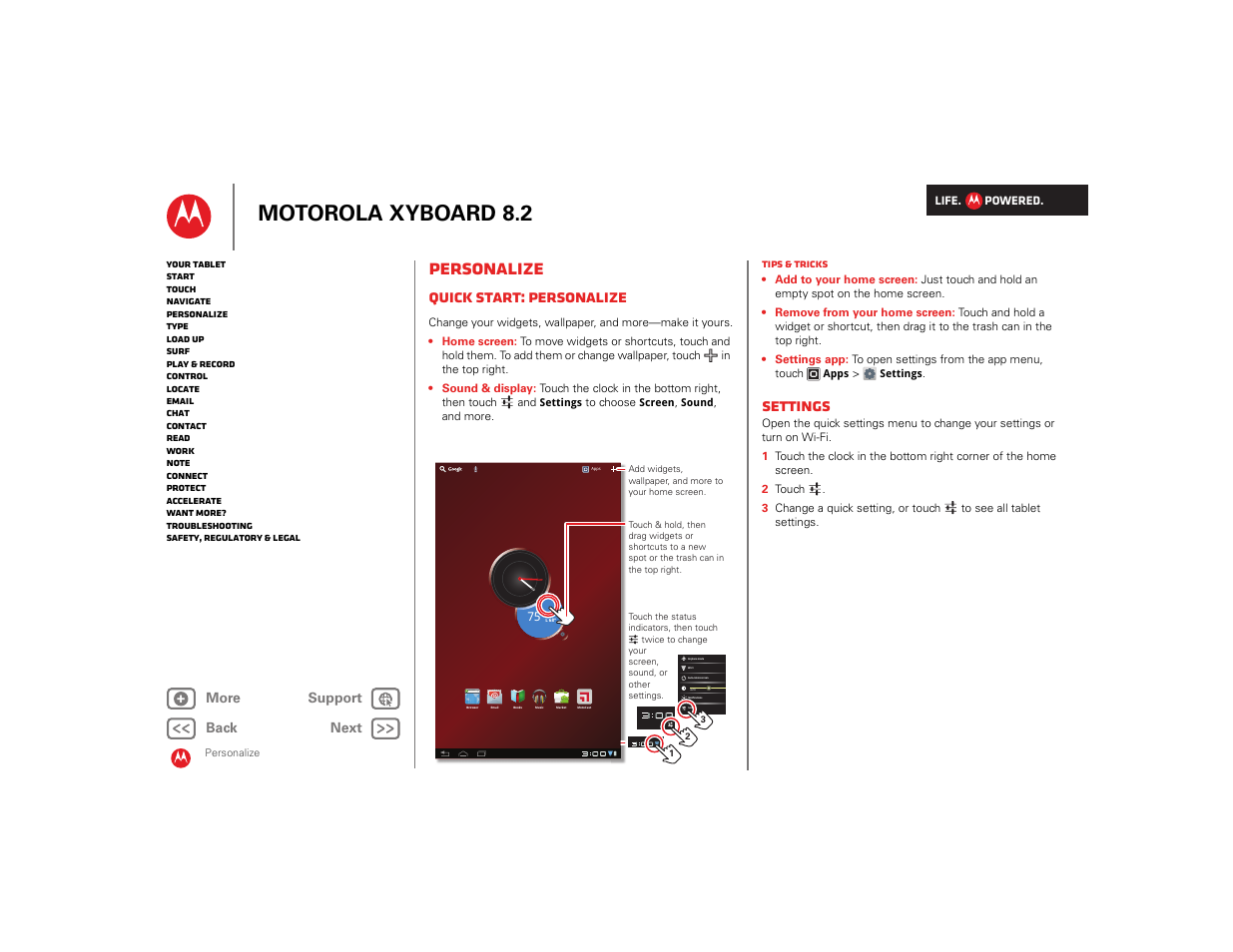 Personalize, Quick start: personalize, Settings | En “ personalize, Next, Motorola xyboard 8.2, H t t p: / / w w w | Motorola XYBOARD 8.2 User Manual | Page 6 / 41