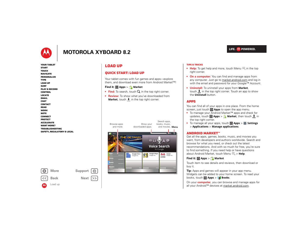 Load up, Quick start: load up, Apps | Android market, Next, Motorola xyboard 8.2 | Motorola XYBOARD 8.2 User Manual | Page 8 / 41