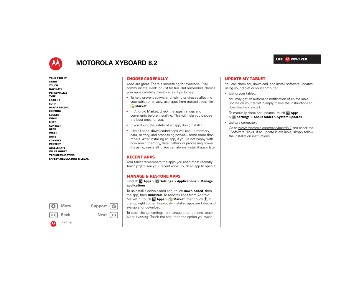 Choose carefully, Recent apps, Manage & restore apps | Update my tablet, Next, Motorola xyboard 8.2 | Motorola XYBOARD 8.2 User Manual | Page 9 / 41