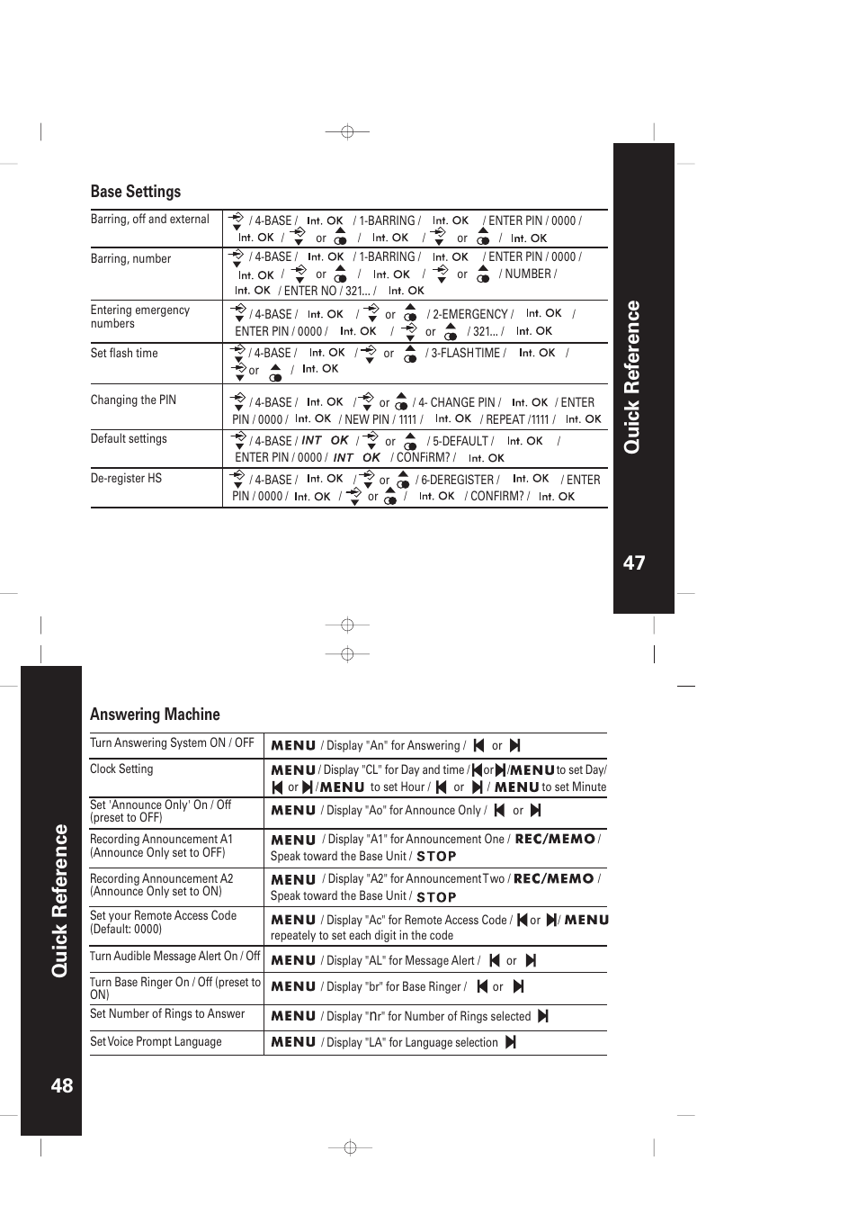 47 48 qui ck re fe rence qui ck re fe rence, Answering machine, Base settings | Motorola ME5061/ME5061R User Manual | Page 25 / 29