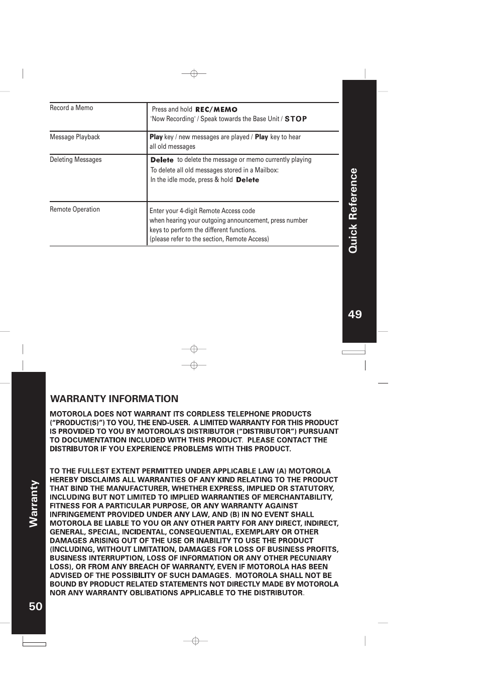 49 50 w ar ran ty quick r eference | Motorola ME5061/ME5061R User Manual | Page 26 / 29