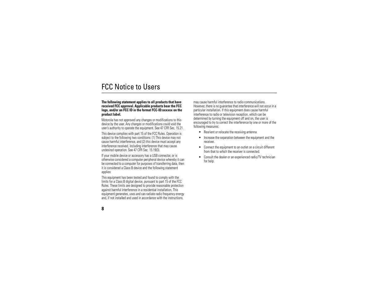 Fcc notice, Fcc notice to users | Motorola W510 User Manual | Page 10 / 115