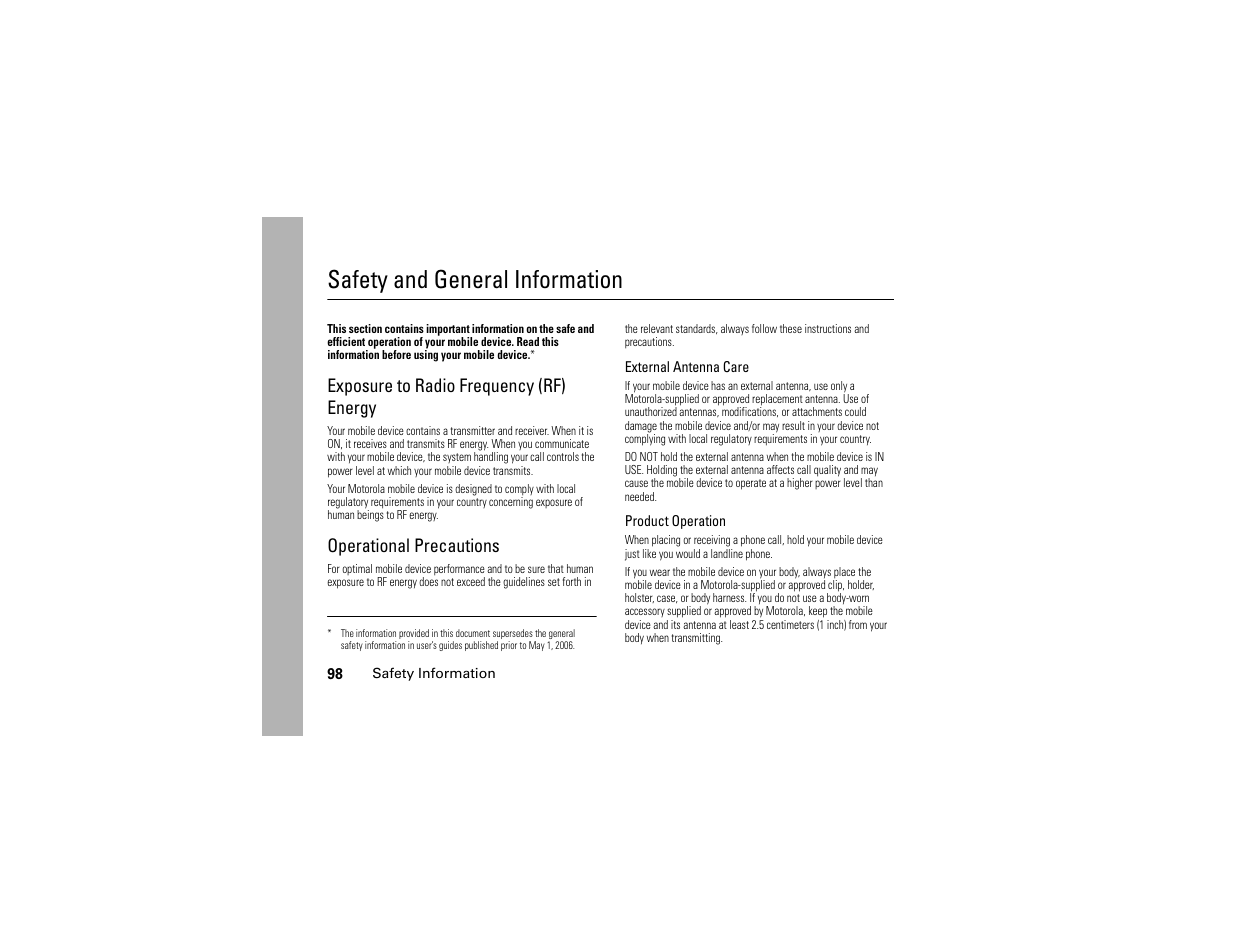 Safety information, Safety and general information, Exposure to radio frequency (rf) energy | Operational precautions | Motorola W510 User Manual | Page 100 / 115