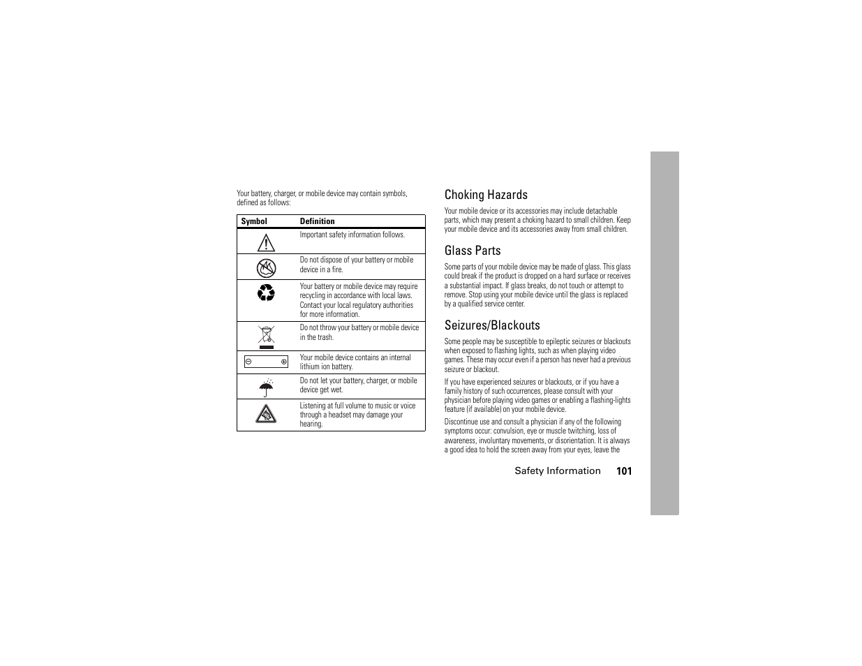 Choking hazards, Glass parts, Seizures/blackouts | Motorola W510 User Manual | Page 103 / 115