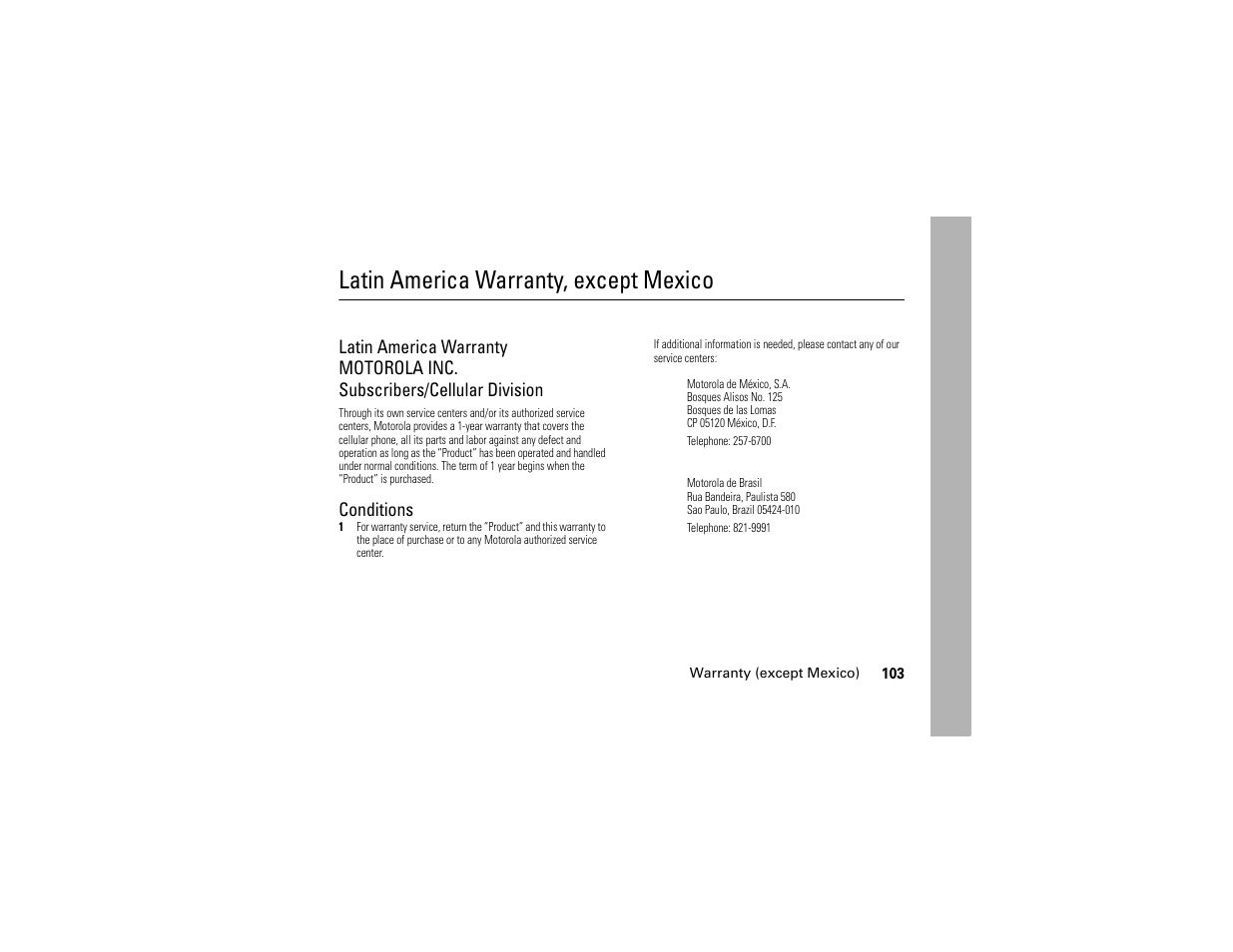 Warranty (except mexico), Latin america warranty, except mexico, Conditions | Motorola W510 User Manual | Page 105 / 115