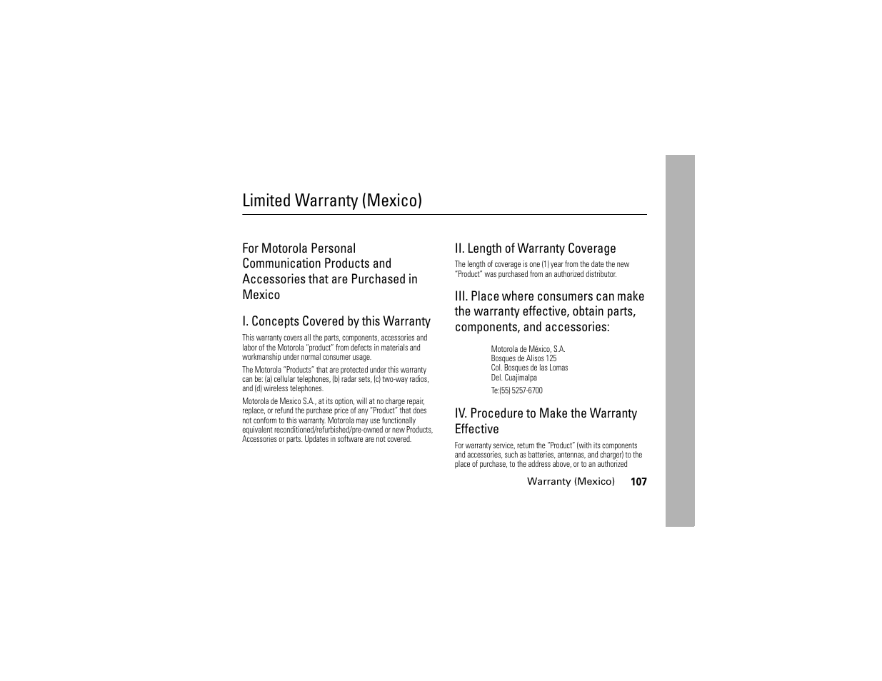 Warranty (mexico), Limited warranty (mexico) | Motorola W510 User Manual | Page 109 / 115